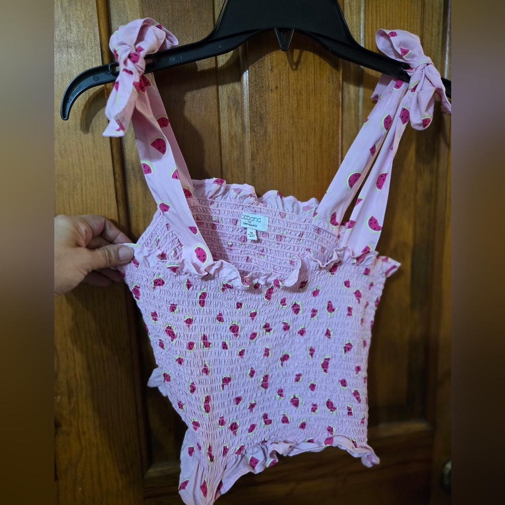 Pink Watermelon Print Smocked Tank Top
